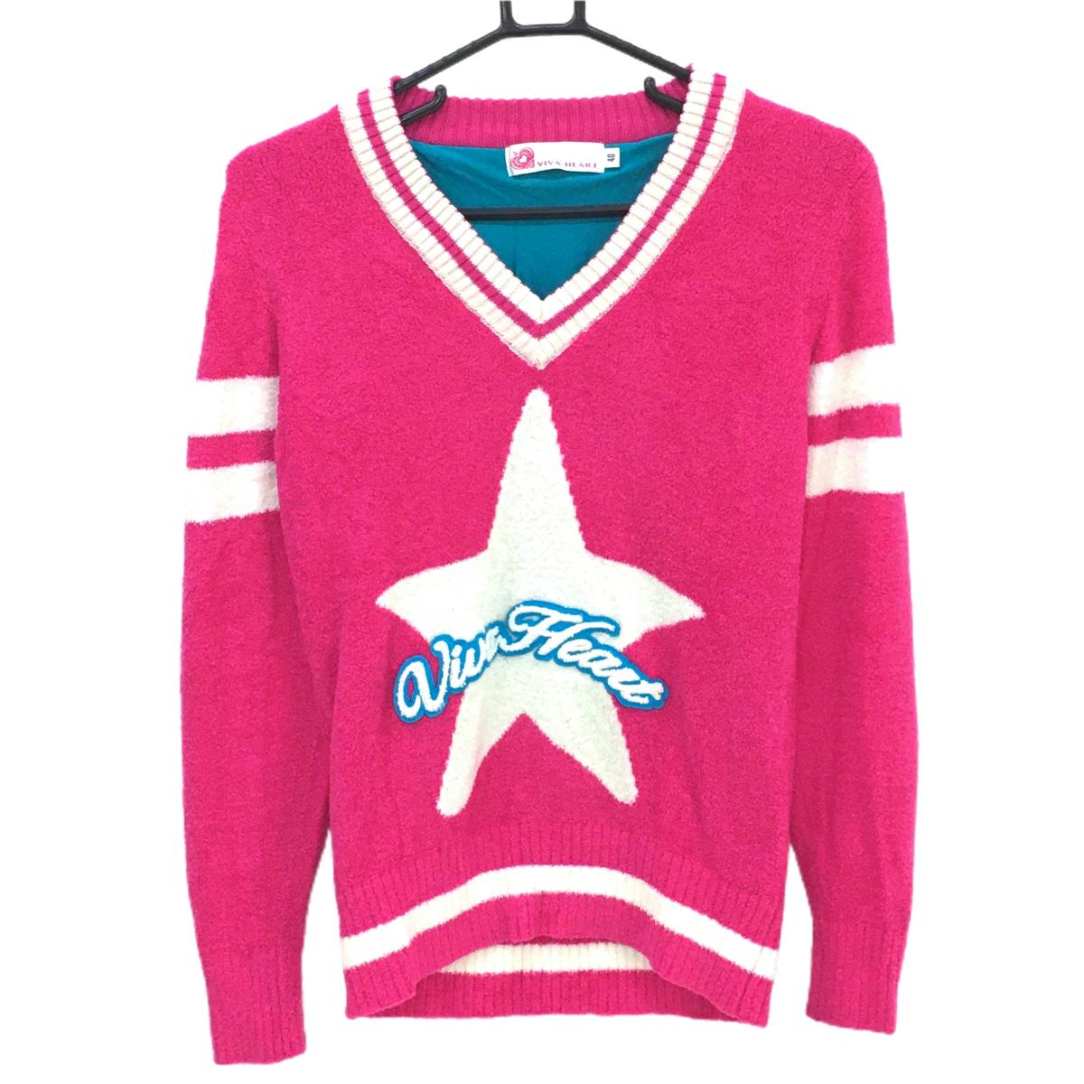 【超美品】ビバハート 裏地付セーター ピンク×白 Vネック 星 ウール混 レディース 40(M) ゴルフウェア VIVA HEART