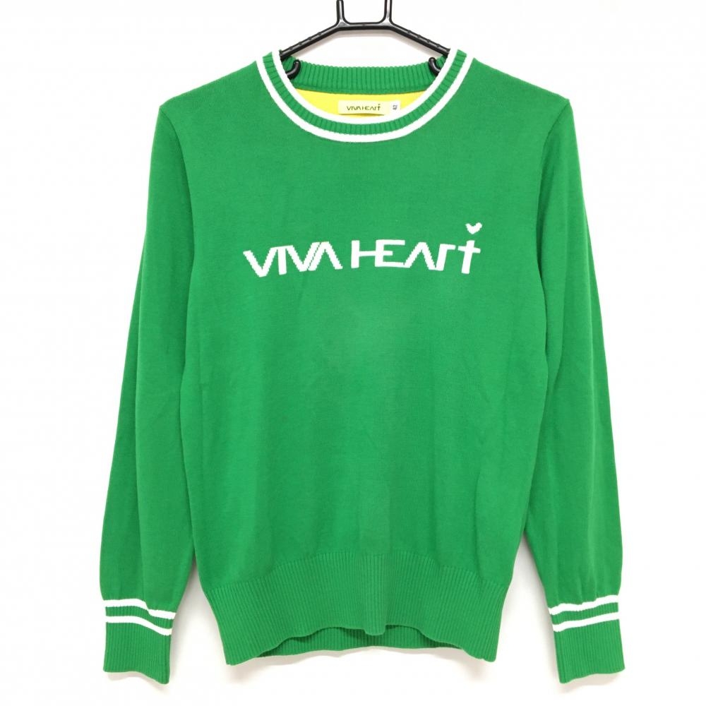 【美品】ビバハート セーター グリーン×白 フロントロゴ ニット レディース 42(L) ゴルフウェア VIVA HEART