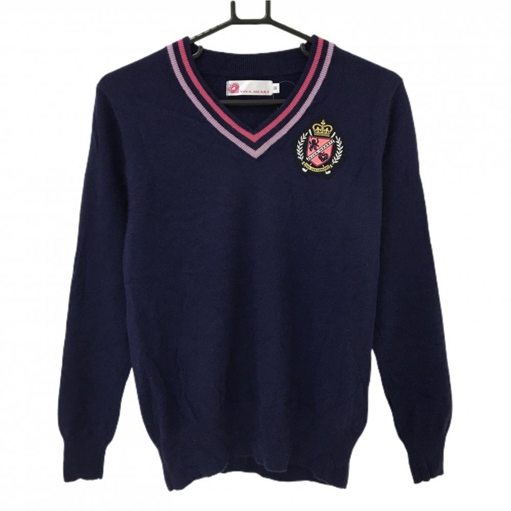 ビバハート セーター ネイビー Vネック カシミヤ100％ ワッペン  レディース 44(XL) ゴルフウェア VIVA HEART