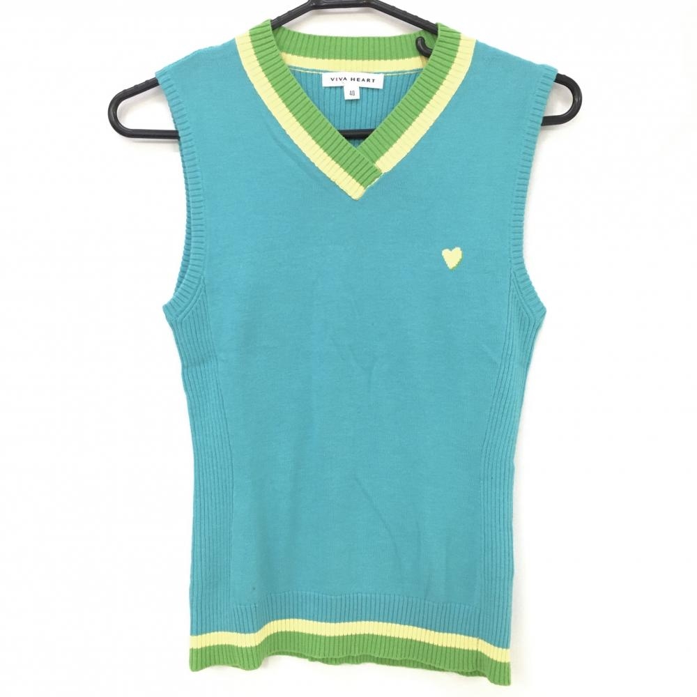 ビバハート ニットベスト ブルーグリーン×イエロー 綿×アクリル Vネック レディース 40 ゴルフウェア VIVA HEART