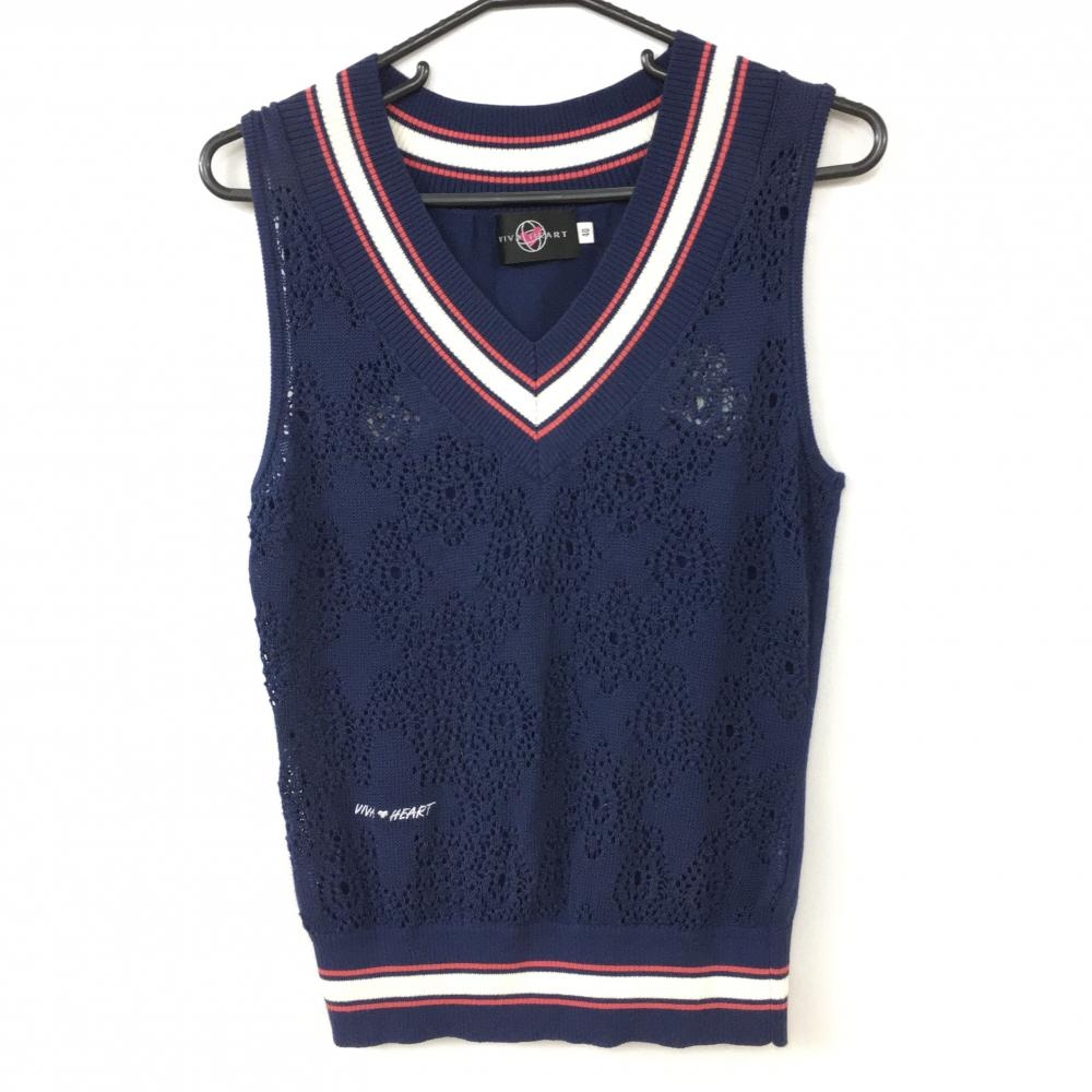 【美品】ビバハート ベスト ネイビー×白 Vネック 前面透かし編み バックロゴ  レディース 40 ゴルフウェア VIVA HEART