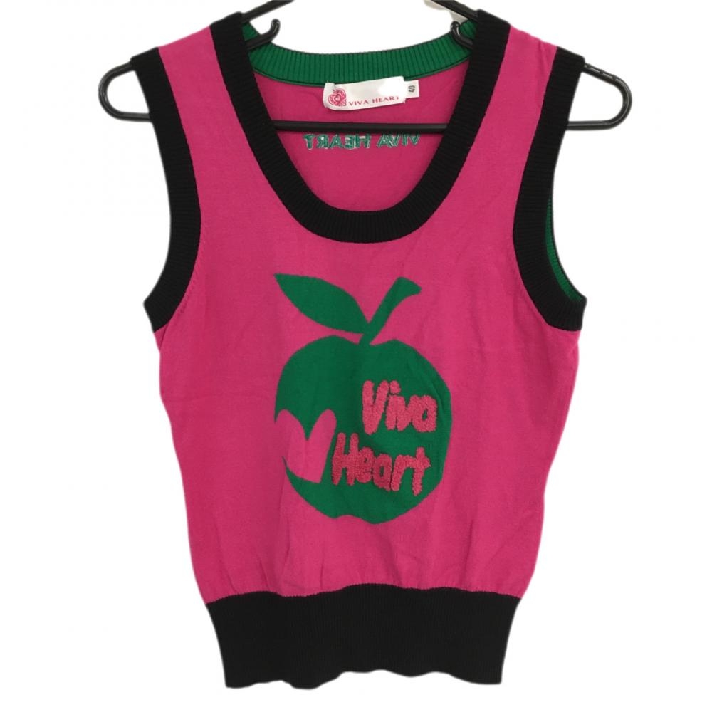 【超美品】ビバハート ニットベスト ピンク×グリーン リンゴ  レディース 40 ゴルフウェア VIVA HEART