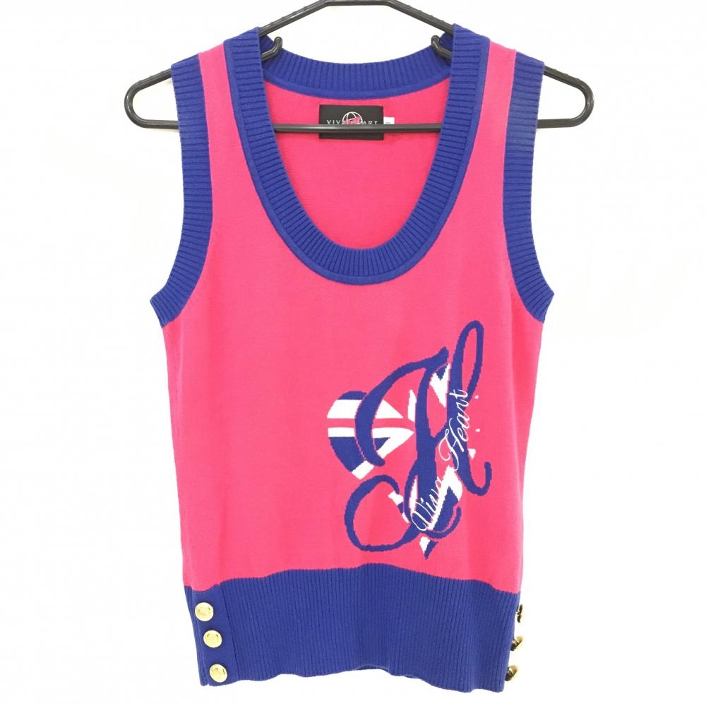 【美品】ビバハート ニットベスト ピンク×ブルー コットン混 金ボタン レディース 40(M) ゴルフウェア VIVA HEART