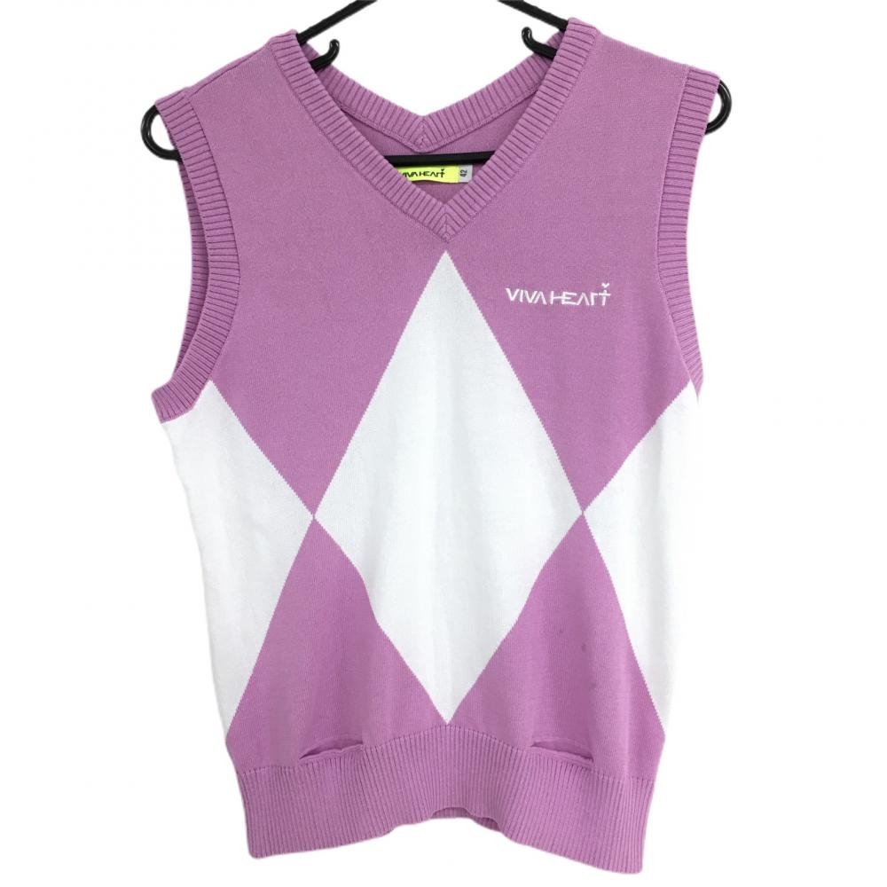 【超美品】ビバハート ニットベスト ピンク×白 ダイヤ柄 Vネック レディース 42(Ｌ) ゴルフウェア VIVA HEART