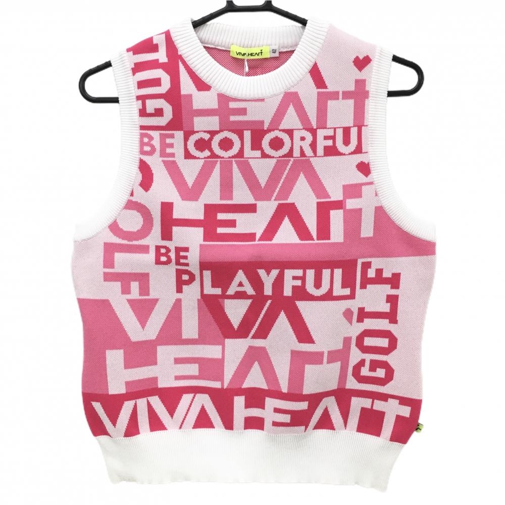 【新品】ビバハート ニットベスト ピンク×白 ロゴ総柄 Vネック レディース 42(L) ゴルフウェア VIVA HEART