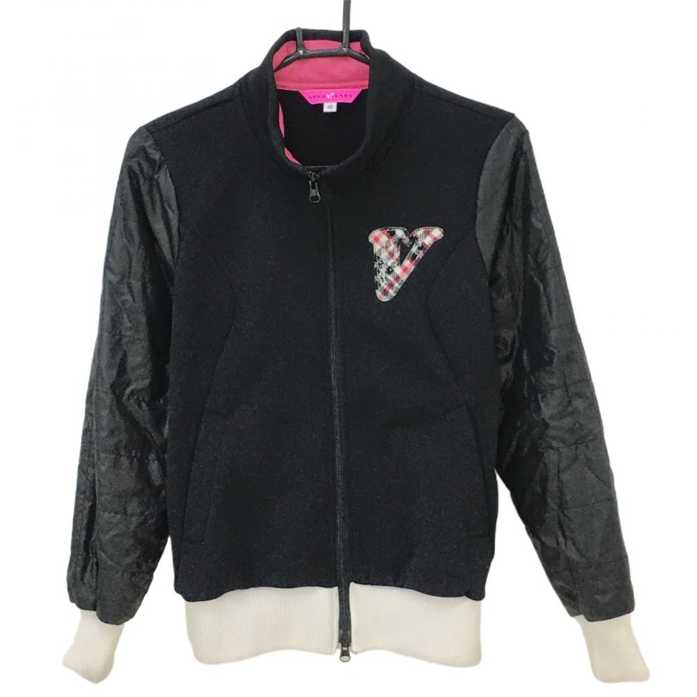 ビバハート ジャケットブルゾン 黒×白 異素材 ワッペン  レディース 40 ゴルフウェア VIVA HEART