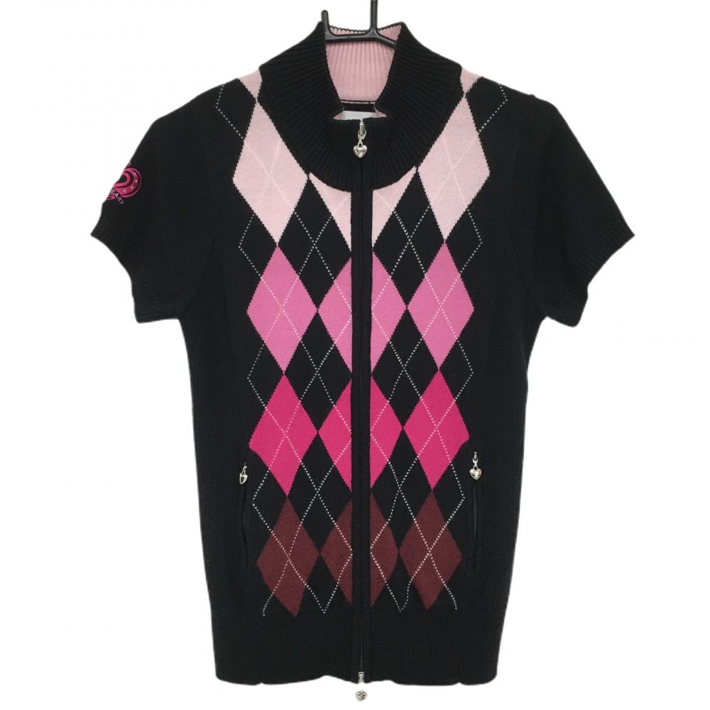 ビバハート 半袖ニットブルゾン 黒×ピンク アーガイル柄 ウール混 レディース 40(M) ゴルフウェア VIVA HEART