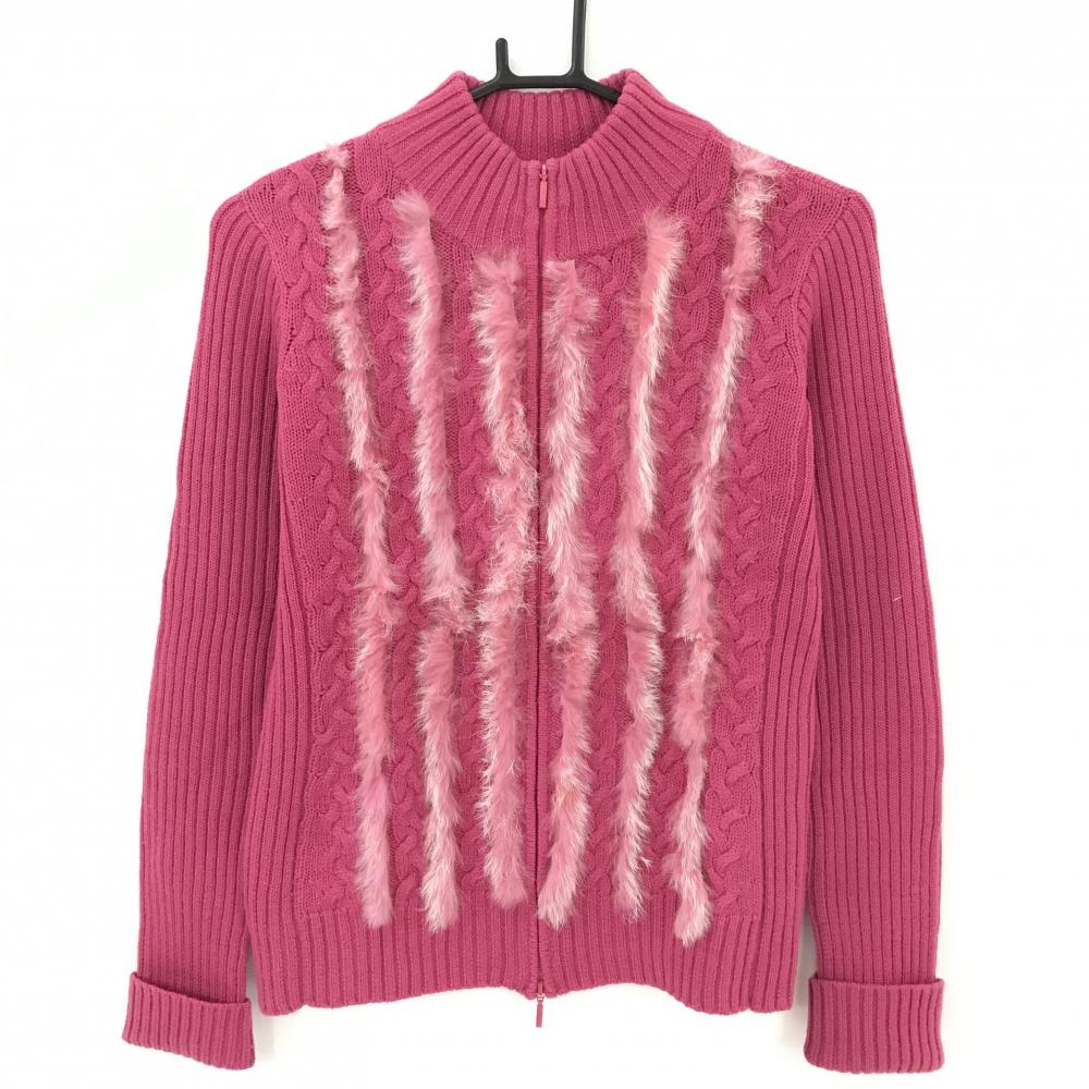 【美品】ビバハート ニットジャケット ピンク ケーブル編み ラビットファー ウール100％ レディース 40(M) ゴルフウェア VIVA HEART