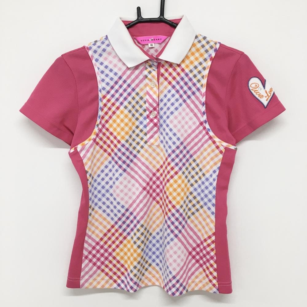 ビバハート 半袖ポロシャツ ピンク チェックマルチ レディース 40 ゴルフウェア 襟汚れ VIVA HEART 画像