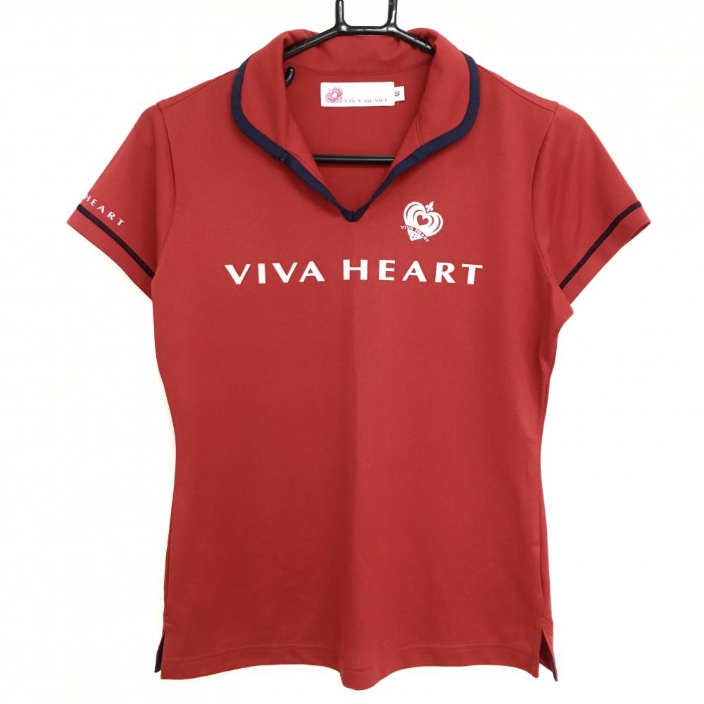 【超美品】ビバハート 半袖ポロシャツ レッド×ネイビー 胸元ロゴプリント レディース 40(M) ゴルフウェア VIVA HEART