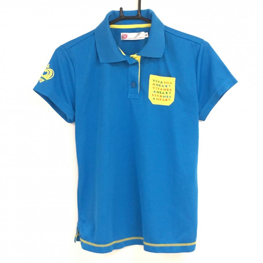 ビバハート 半袖ポロシャツ ブルー×イエロー 胸ポケット  レディース 42 ゴルフウェア VIVA HEART 画像