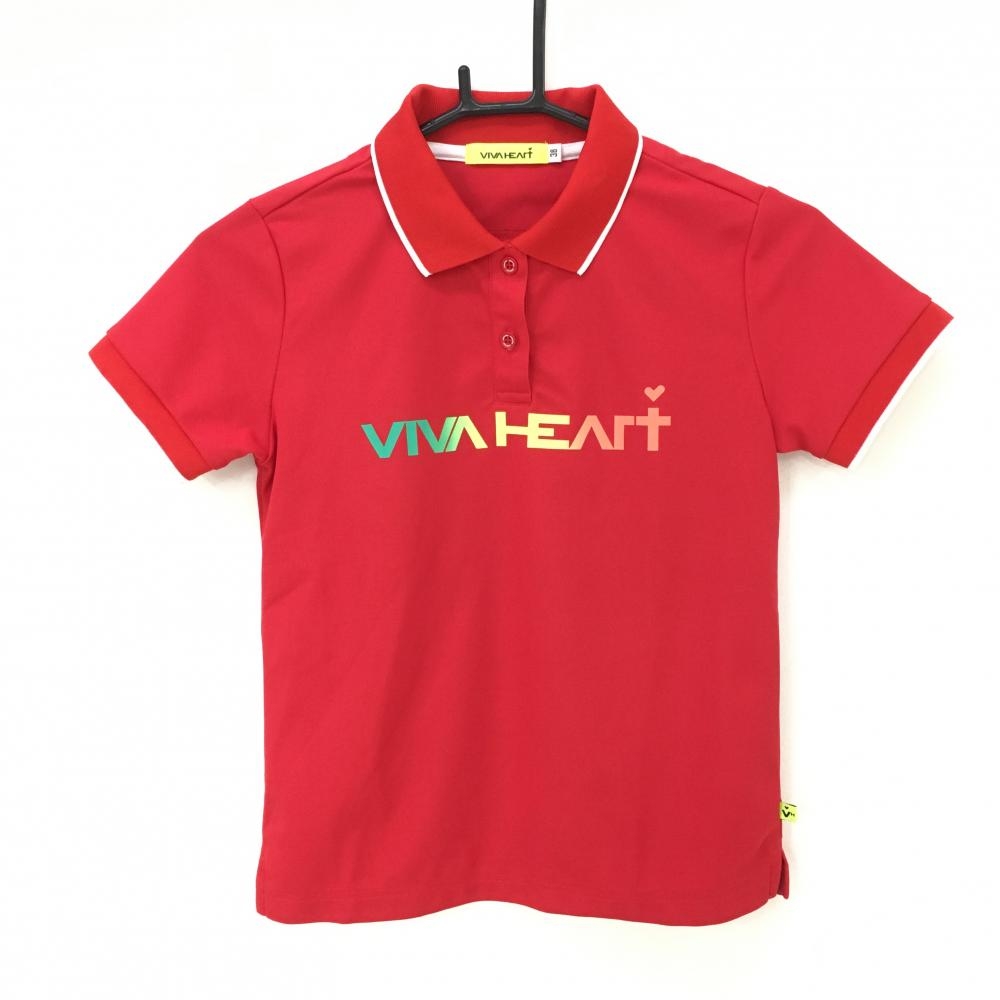 【超美品】ビバハート 半袖ポロシャツ レッド×白 ロゴプリント レディース 38 ゴルフウェア VIVA HEART 画像