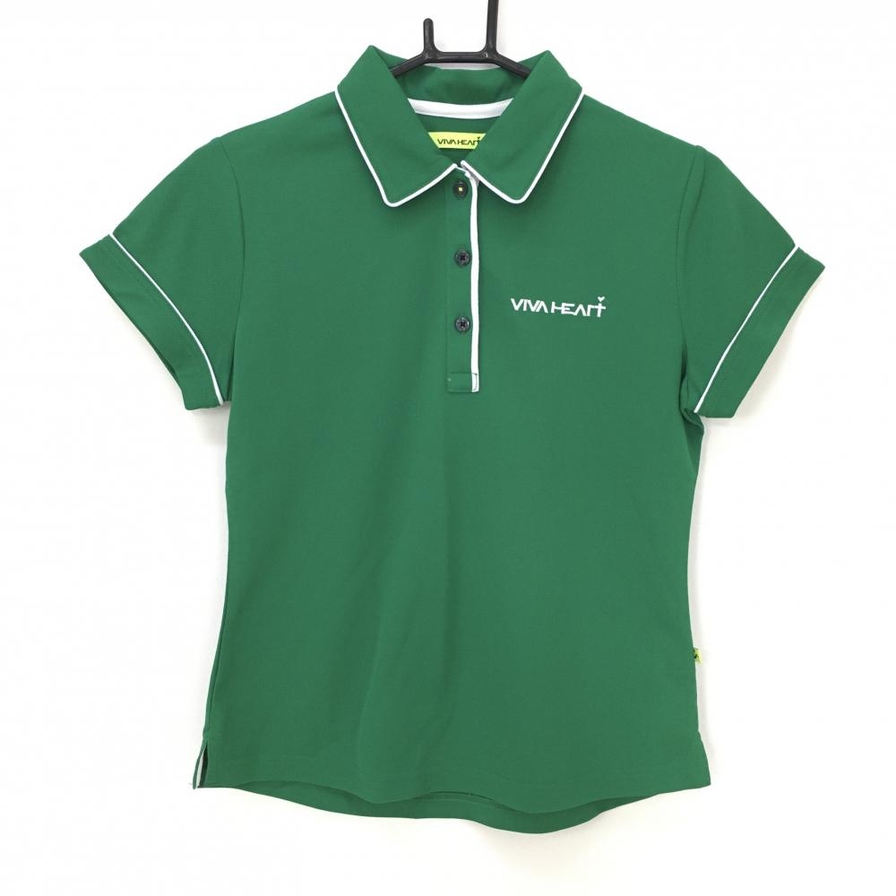 【超美品】ビバハート 半袖ポロシャツ グリーン×白 パイピング ロゴ刺しゅう  レディース 40 ゴルフウェア VIVA HEART