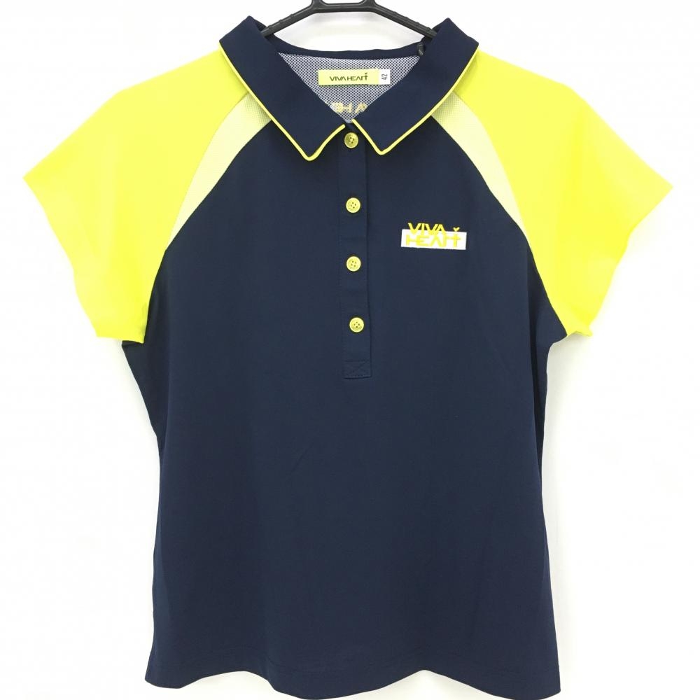 【超美品】ビバハート 半袖ポロシャツ ネイビー×イエロー 襟渕パイピング ロゴ刺しゅう レディース 42 ゴルフウェア VIVA HEART