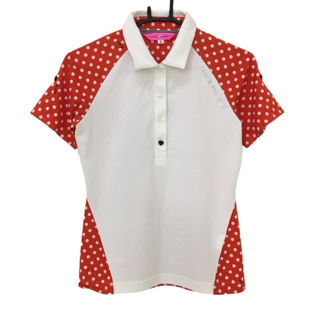 【美品】ビバハート 半袖ポロシャツ 白×レッド ドット 袖ロールアップ可  レディース 40 ゴルフウェア VIVA HEART