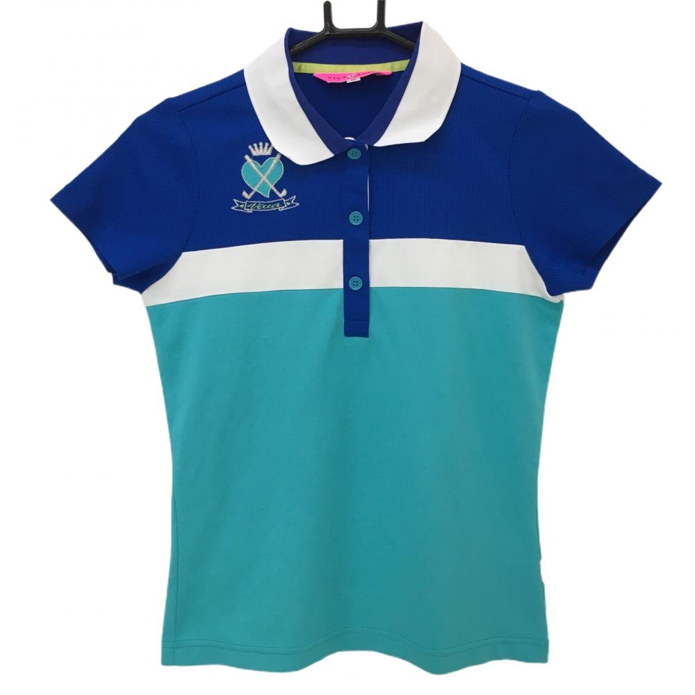 【美品】ビバハート 半袖ポロシャツ ブルー×ライトブルー ロゴ刺しゅう レディース 40 ゴルフウェア VIVA HEART