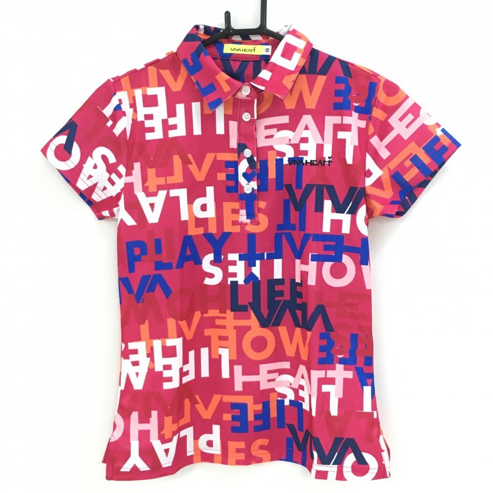 【超美品】ビバハート 半袖ポロシャツ ピンク×マルチ 英字総柄  レディース 40(M) ゴルフウェア VIVA HEART