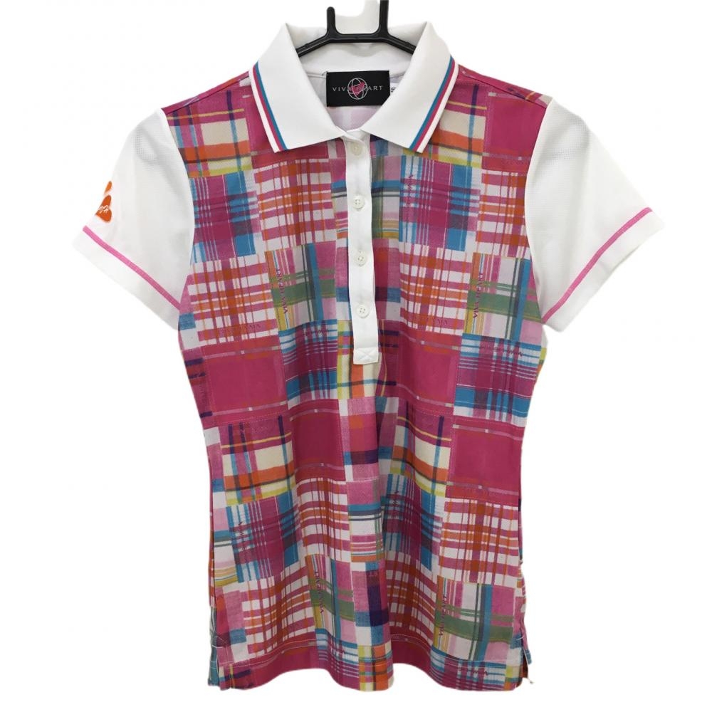 【美品】ビバハート 半袖ポロシャツ ピンク×ライトブルー チェック  レディース 40 ゴルフウェア VIVA HEART