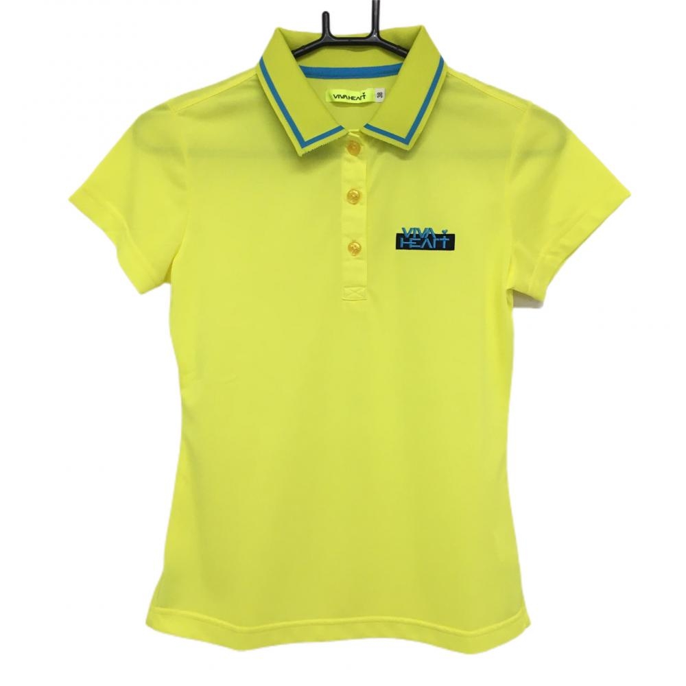 【超美品】ビバハート 半袖ポロシャツ イエロー×ライトブルー ロゴ刺しゅう 襟ライン  レディース 38 ゴルフウェア VIVA HEART