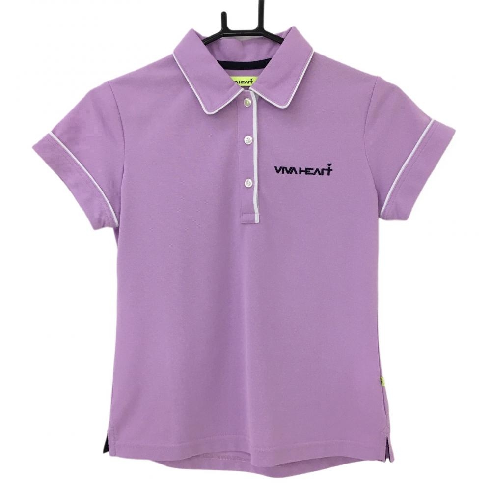 【超美品】ビバハート 半袖ポロシャツ ライトパープル×白 ロゴ刺しゅう 襟、袖ライン  レディース 38(Ｓ) ゴルフウェア VIVA HEART