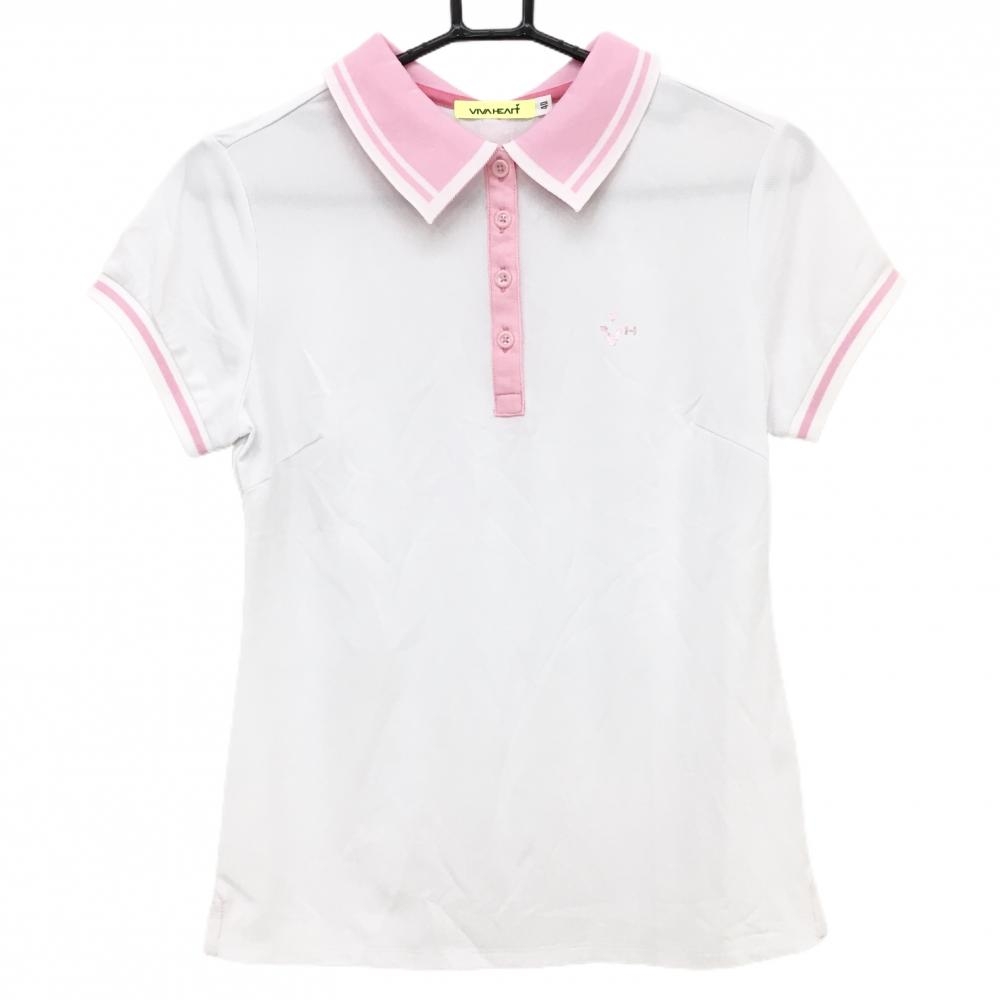 【超美品】ビバハート 半袖ポロシャツ 白×ピンク ロゴプリント レディース 40(M) ゴルフウェア VIVA HEART