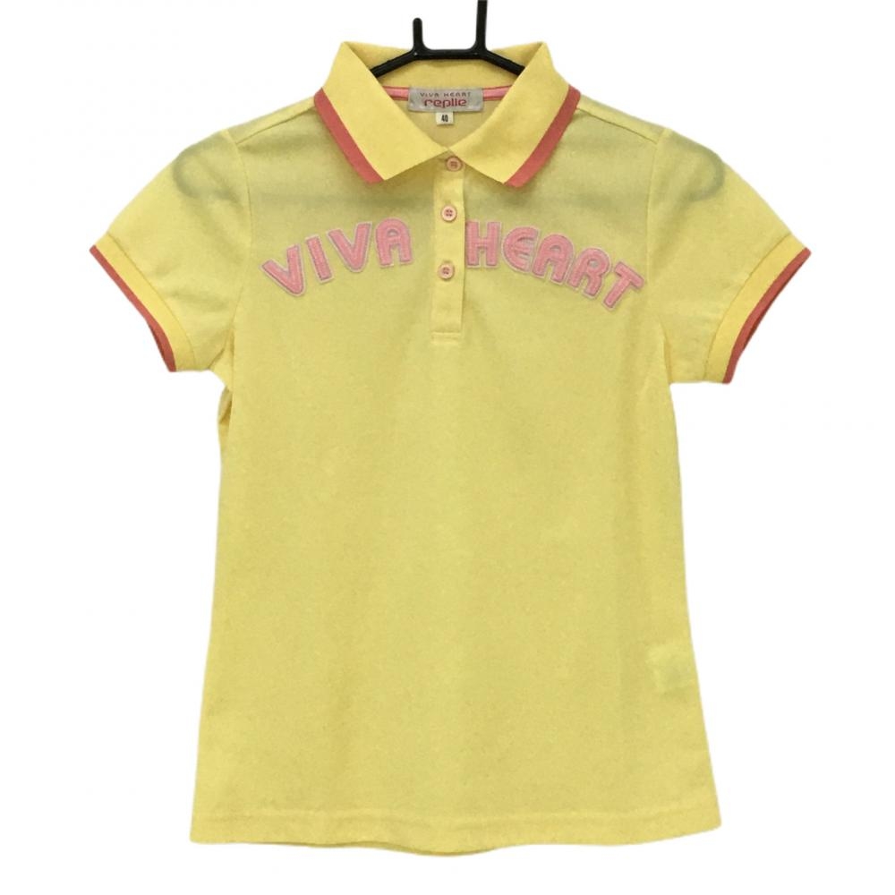 【美品】ビバハート 半袖ポロシャツ イエロー×ピンク ロゴワッペン レディース 40 ゴルフウェア VIVA HEART 画像