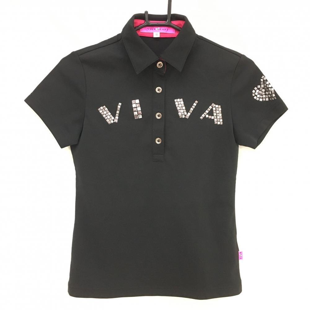 【美品】ビバハート 半袖ポロシャツ 黒×シルバー ロゴスタッズ レディース 40(M) ゴルフウェア VIVA HEART
