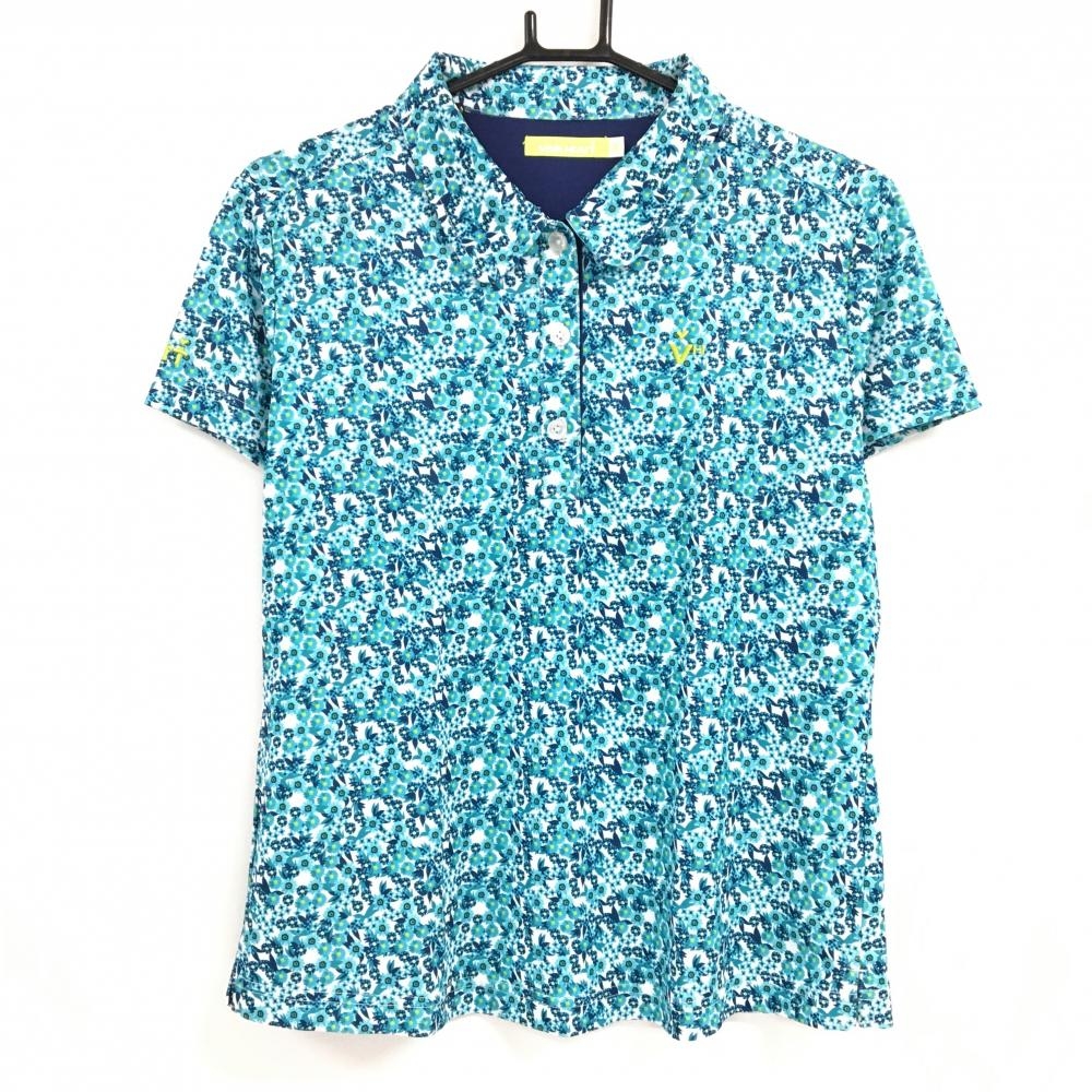 ビバハート 半袖ポロシャツ グリーン×白 花柄 レディース 44(XL) ゴルフウェア VIVA HEART