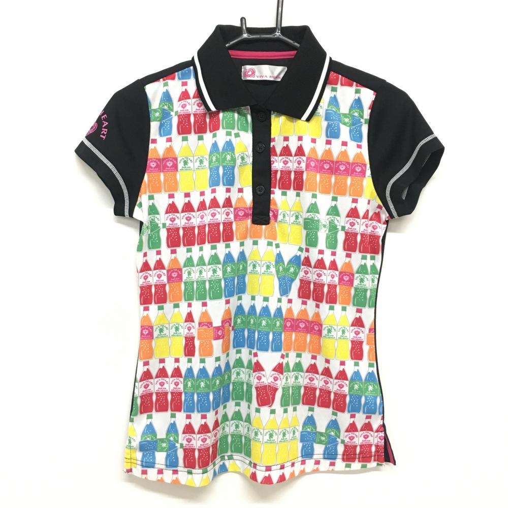 ビバハート 半袖ポロシャツ 黒×マルチカラー 前ボトル柄  レディース 40(M) ゴルフウェア VIVA HEART