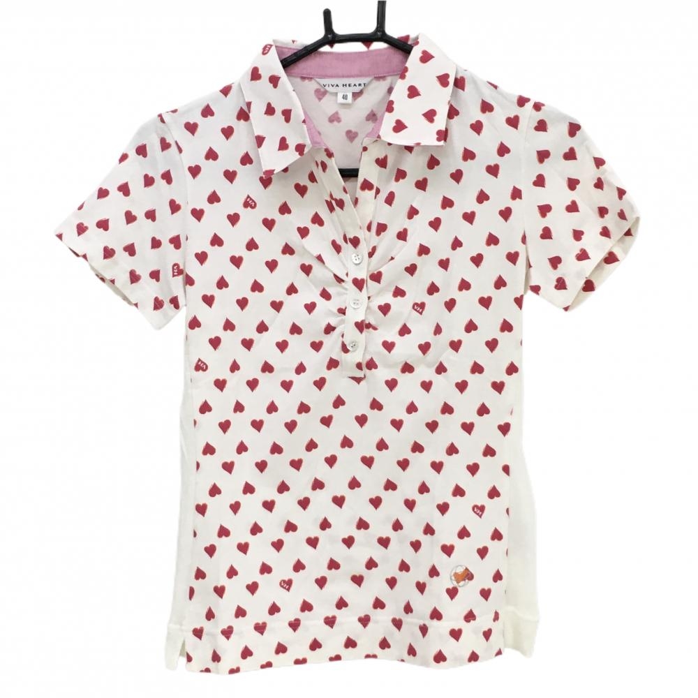 ビバハート 半袖ポロシャツ 白×ピンク ハート柄 サイド切替  レディース 40(M) ゴルフウェア VIVA HEART