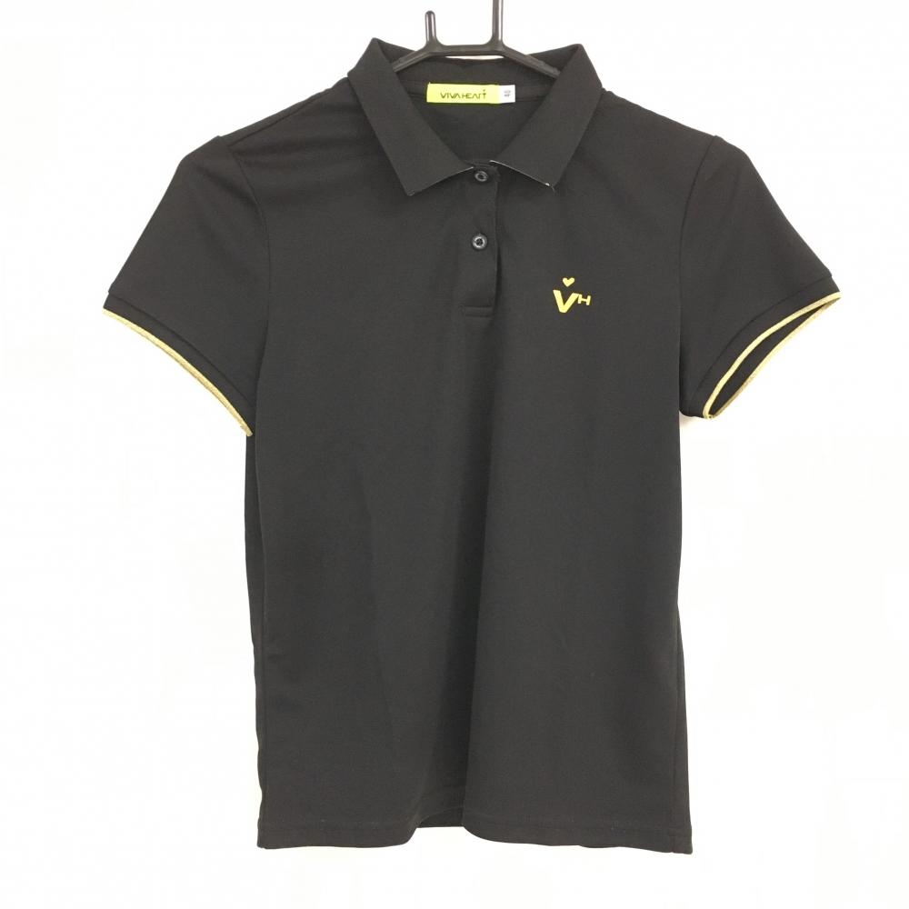 【美品】ビバハート 半袖ポロシャツ 黒×ゴールド 襟裏ロゴ レディース 40(M) ゴルフウェア VIVA HEART