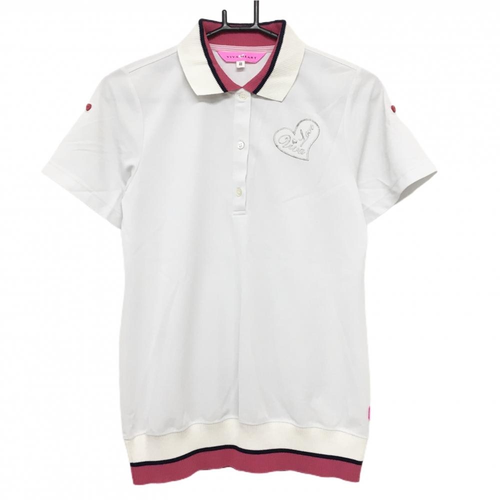 【美品】ビバハート 半袖ポロシャツ 白×ピンク 襟・裾ニット 袖ロールアップ可 レディース 40(M) ゴルフウェア VIVA HEART