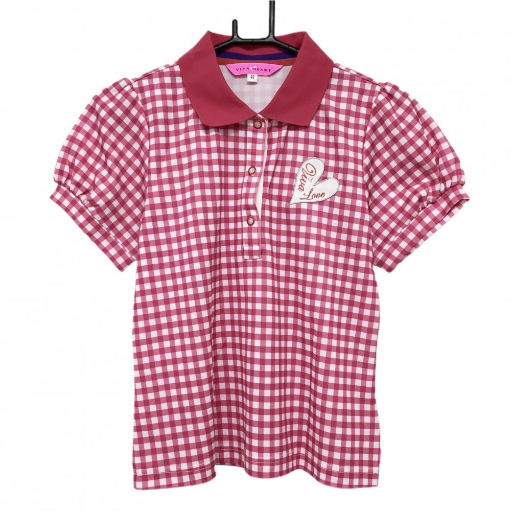 【超美品】ビバハート 半袖ポロシャツ ピンク×白 チェック ハートワッペン レディース 42(L) ゴルフウェア VIVA HEART