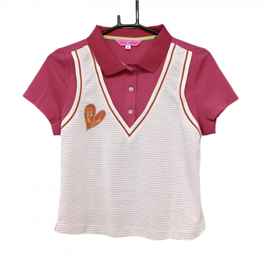 【超美品】ビバハート 半袖ポロシャツ ピンク×白 重ね着風 一部ドット レディース 42(L) ゴルフウェア VIVA HEART