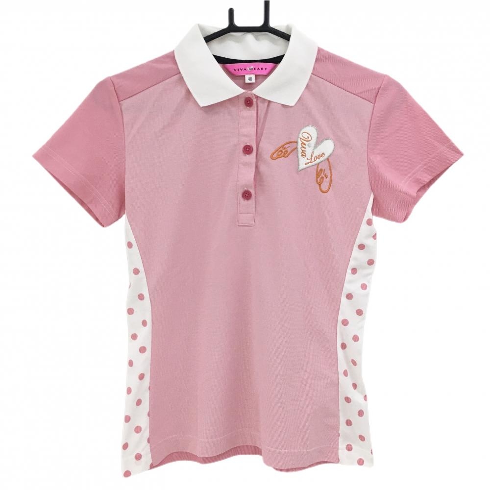 【超美品】ビバハート 半袖ポロシャツ ピンク×白 織生地 サイドドット レディース 40(M) ゴルフウェア VIVA HEART