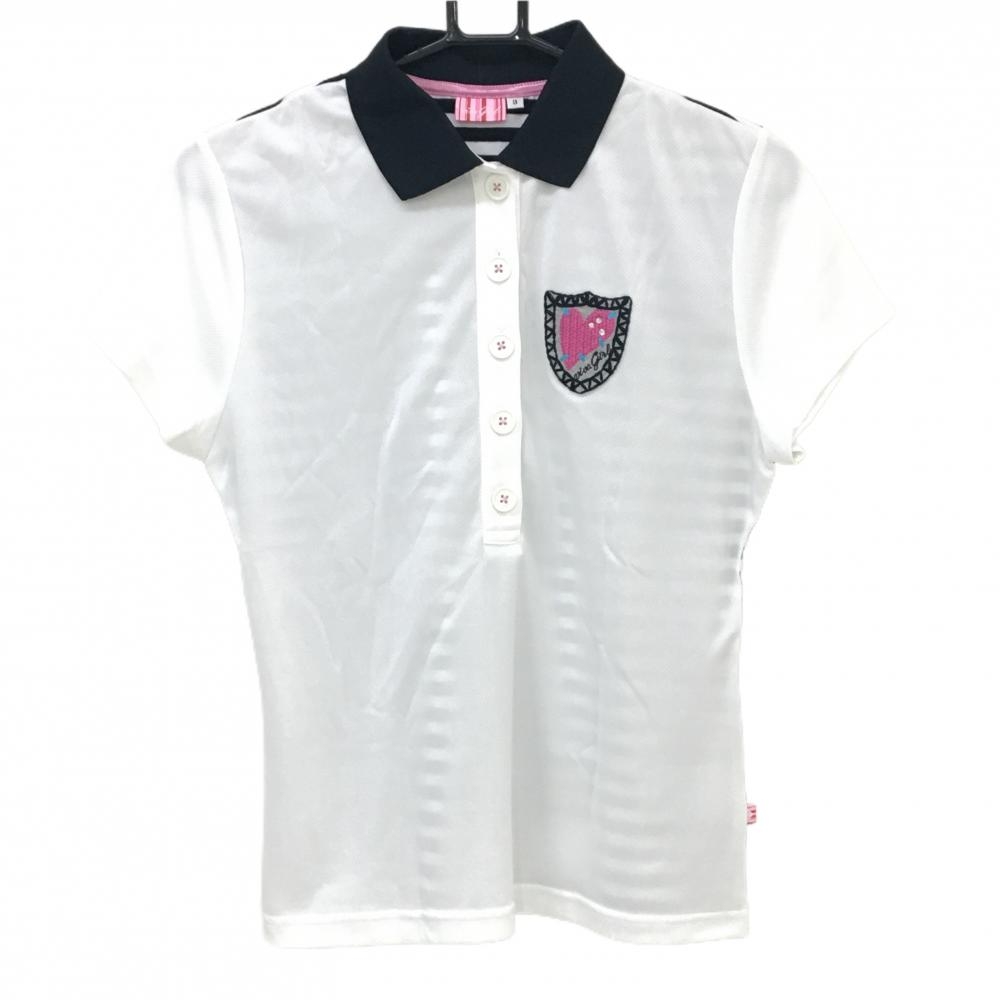 【美品】ビバガール 半袖ポロシャツ 白×黒 背面ボーダー レディース 3(L) ゴルフウェア VIVA HEART