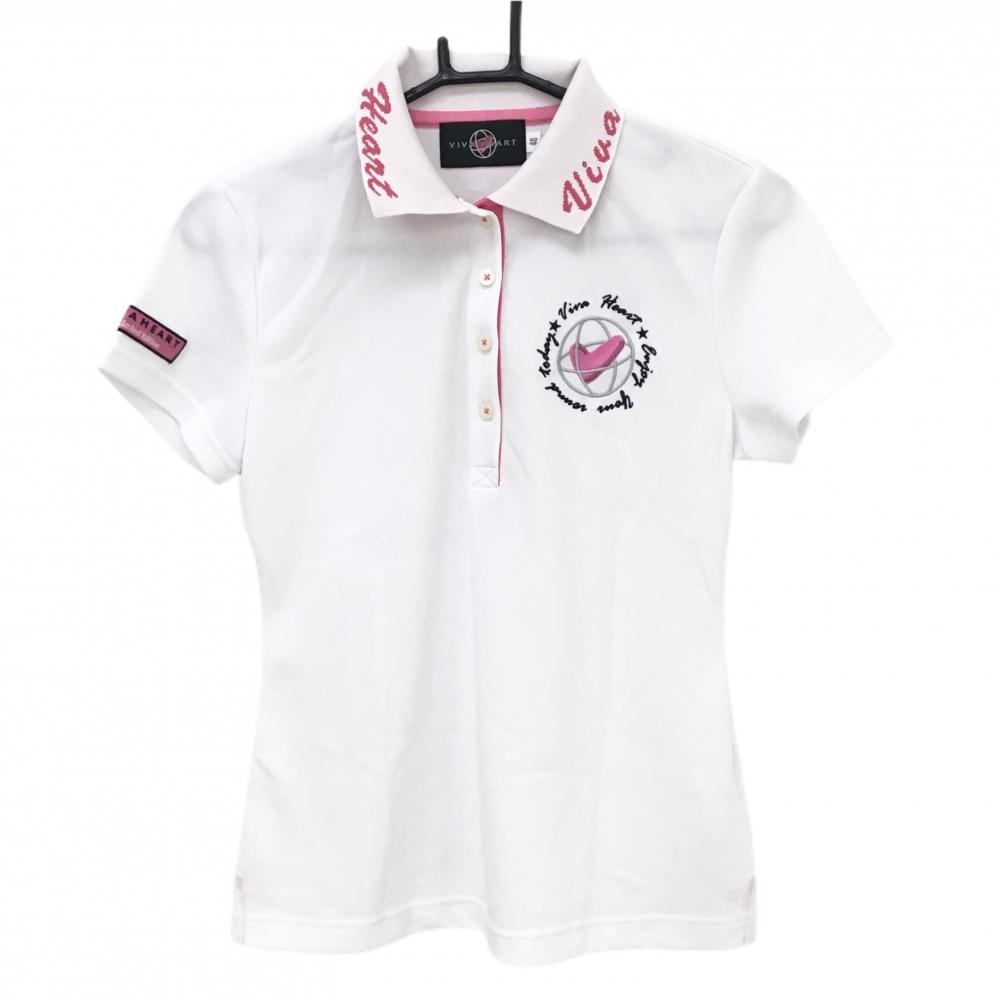【超美品】ビバハート 半袖ポロシャツ 白×ピンク 襟ロゴ ハート  レディース 40(M) ゴルフウェア VIVA HEART