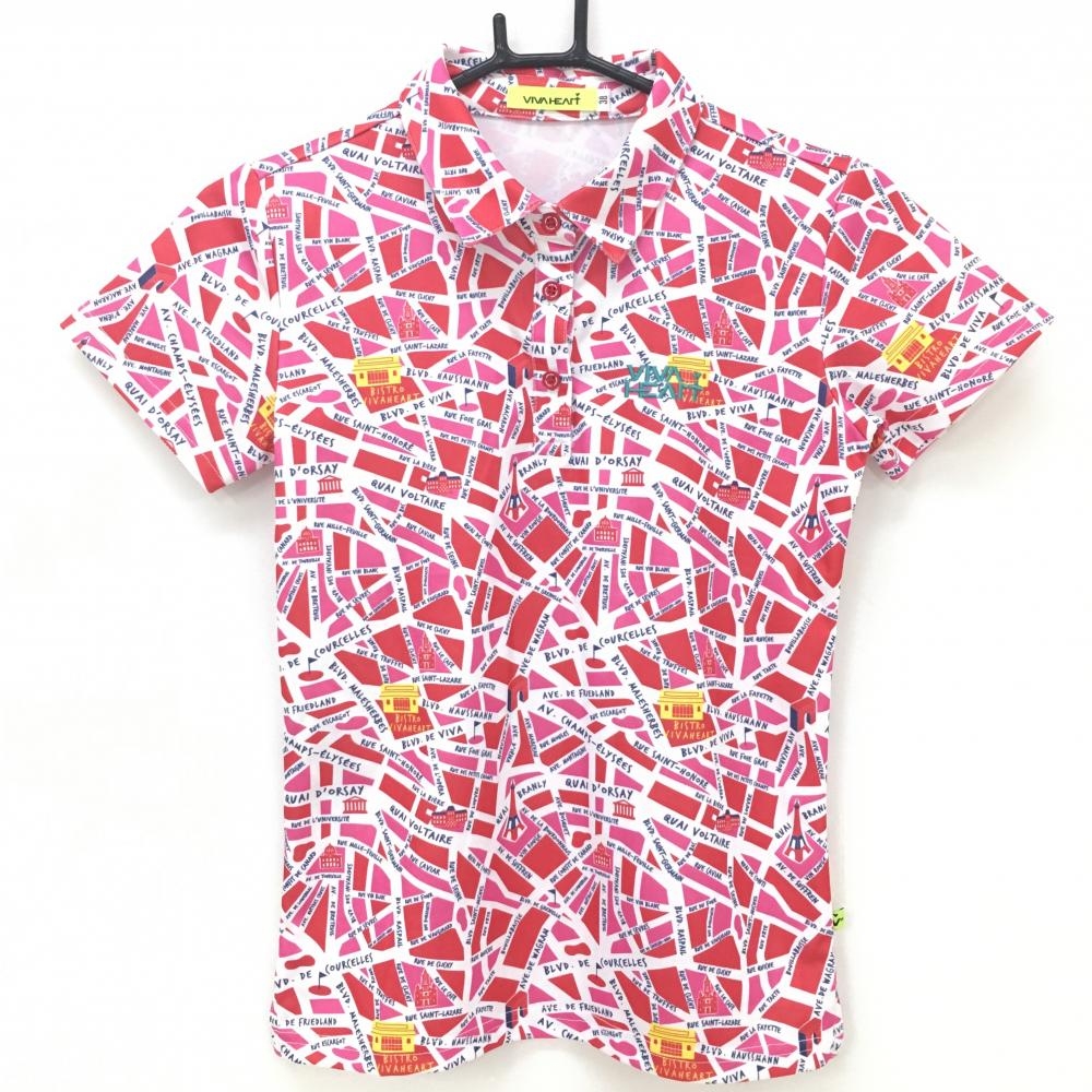 ビバハート 半袖ポロシャツ ピンク×白 総柄 ロゴ刺しゅう レディース 38(S) ゴルフウェア VIVA HEART