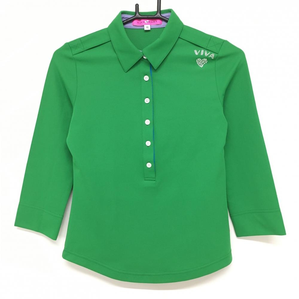 ビバハート 七分袖ポロシャツ グリーン ラインストーンロゴ  レディース 40(M) ゴルフウェア VIVA HEART