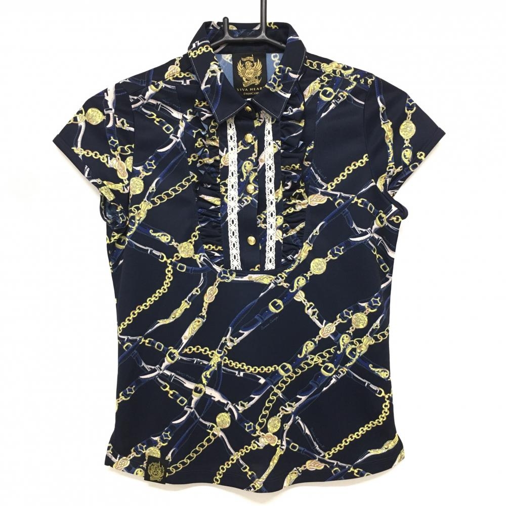 【超美品】ビバハート 半袖ポロシャツ ネイビー×イエロー チェーンベルト柄 前立て横フリル レディース 40(M) ゴルフウェア VIVA HEART