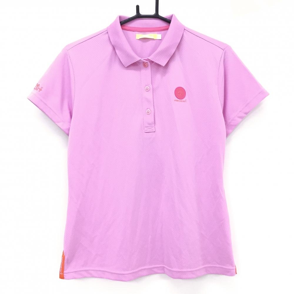 【新品】ビバハート 半袖ポロシャツ ピンク×オレンジ 地模様 襟裏ボーダー 吸水速乾 レディース 44(XL) ゴルフウェア VIVA HEART