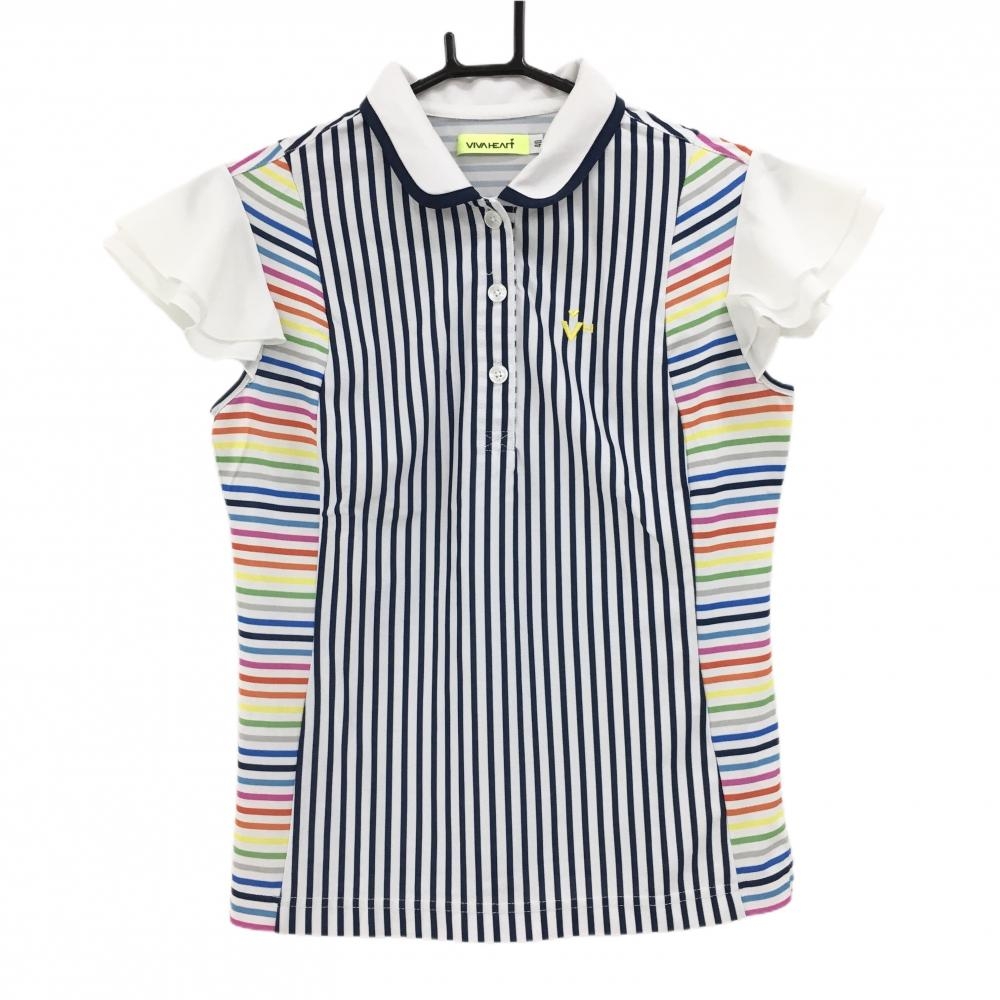 【美品】ビバハート 半袖ポロシャツ 白×マルチカラー ボーダー 袖フリル  レディース 40(M) ゴルフウェア VIVA HEART