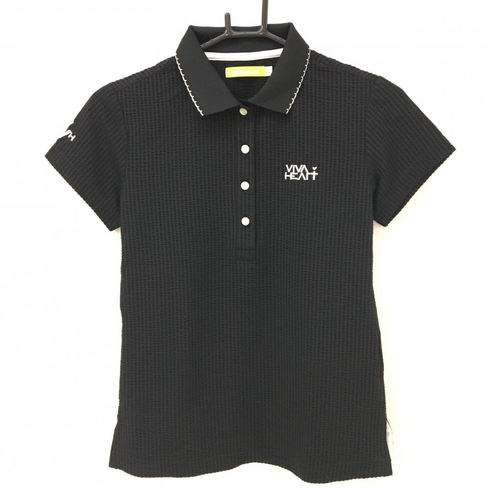 【美品】ビバハート 半袖ポロシャツ 黒 サッカー生地 ロゴ刺しゅう レディース 40(Ｍ) ゴルフウェア VIVA HEART