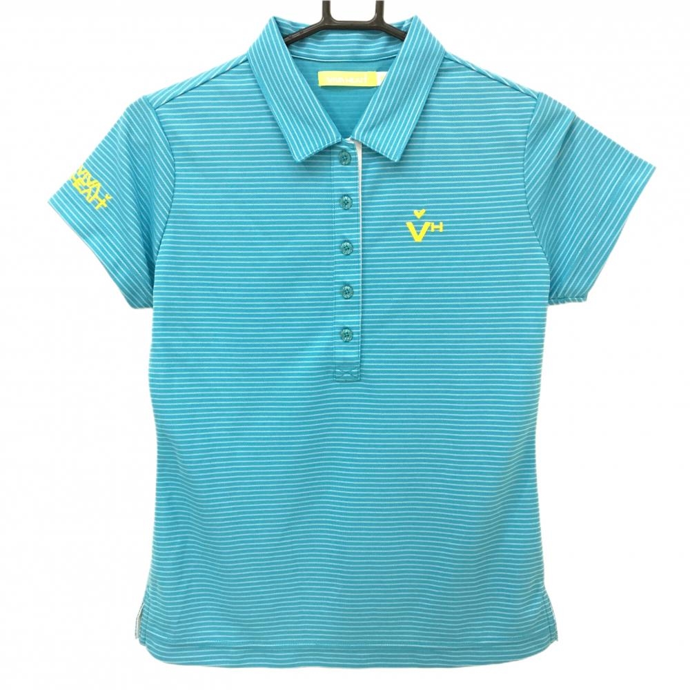 【超美品】ビバハート 半袖ポロシャツ ライトブルー×白 ボーダー レディース 40(Ｍ) ゴルフウェア VIVA HEART