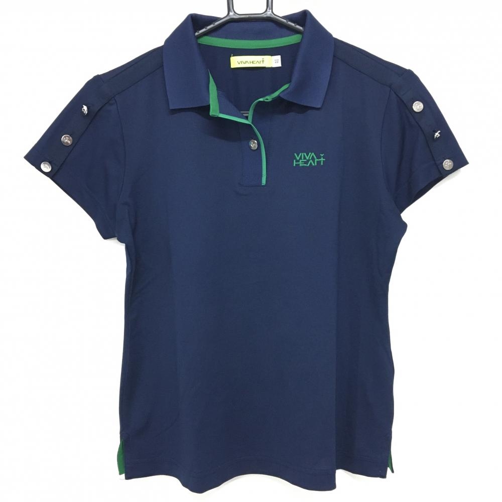 【美品】ビバハート 半袖ポロシャツ ネイビー×グリーン 袖ボタン レディース 40(M) ゴルフウェア VIVA HEART