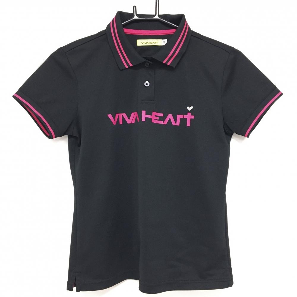 【超美品】ビバハート 半袖ポロシャツ 黒×ピンク フロントロゴ 襟袖ライン レディース 40(M) ゴルフウェア VIVA HEART