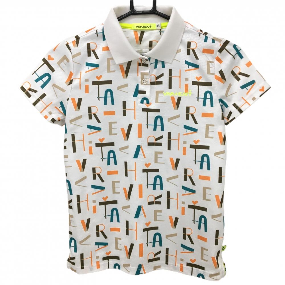 【超美品】ビバハート 半袖ポロシャツ 白×ブラウン ロゴ総柄  レディース 38(S) ゴルフウェア VIVA HEART