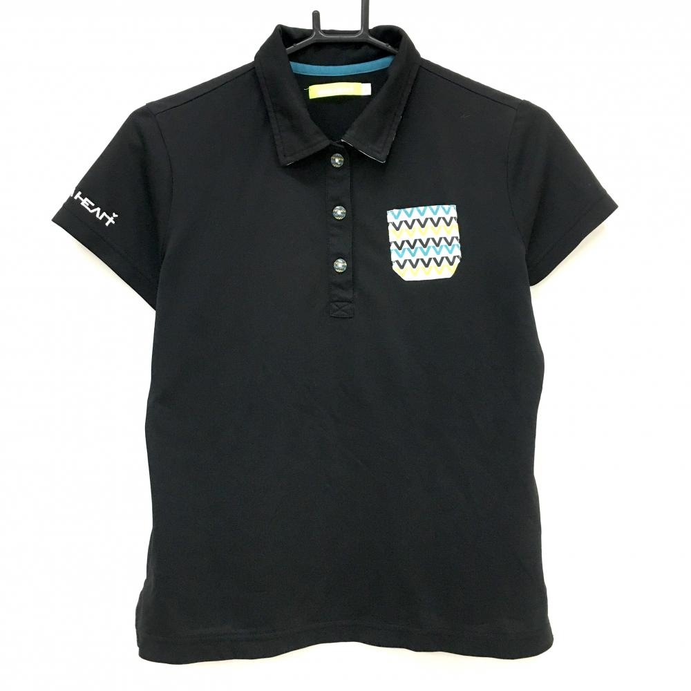【美品】ビバハート 半袖ポロシャツ 黒×白 胸ポケット柄  レディース 42(L) ゴルフウェア VIVA HEART