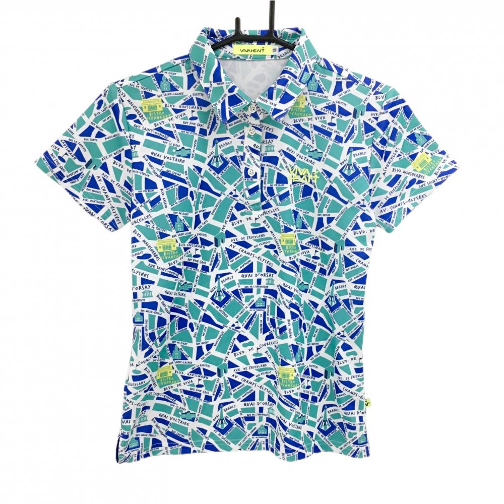 【超美品】ビバハート 半袖ポロシャツ ミントグリーン×ブルー×白 総柄 レディース 40(M) ゴルフウェア VIVA HEART