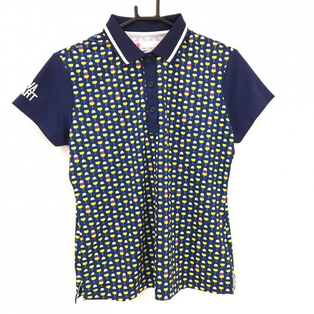 【超美品】ビバハート 半袖ポロシャツ ネイビー×白 身頃総柄 袖ロゴ刺しゅう  レディース 42(L) ゴルフウェア VIVA HEART